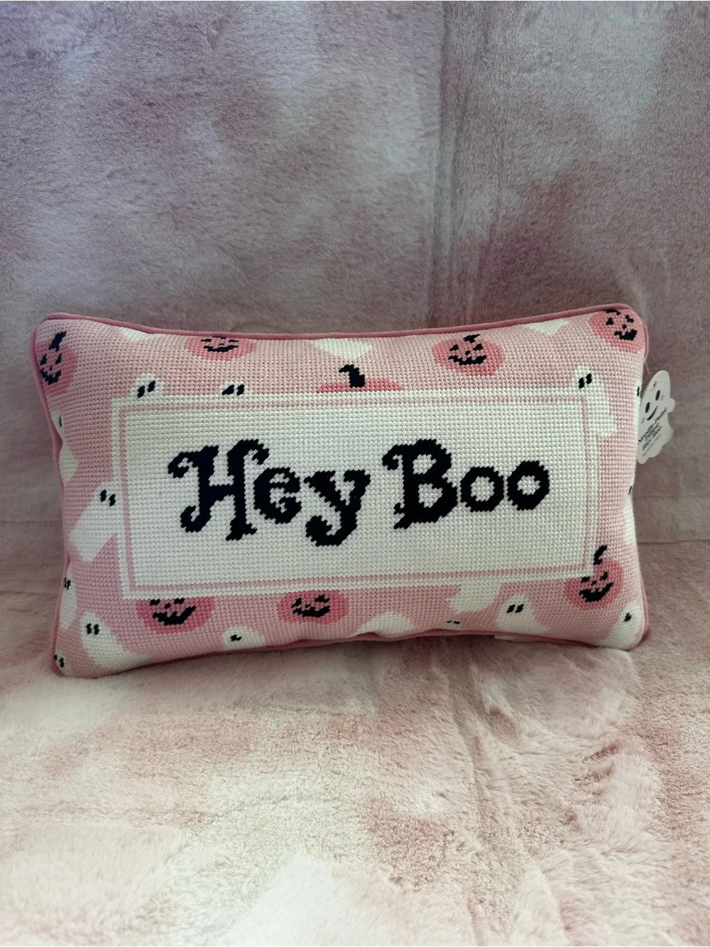 Hey Boo - Pink Halloween Needlepoint Decorative Accent Pillow NWT